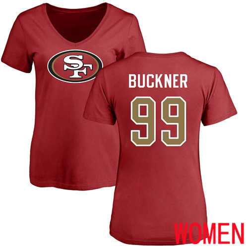 San Francisco 49ers Red Women DeForest Buckner Name and Number Logo #99 NFL T Shirt->nfl t-shirts->Sports Accessory